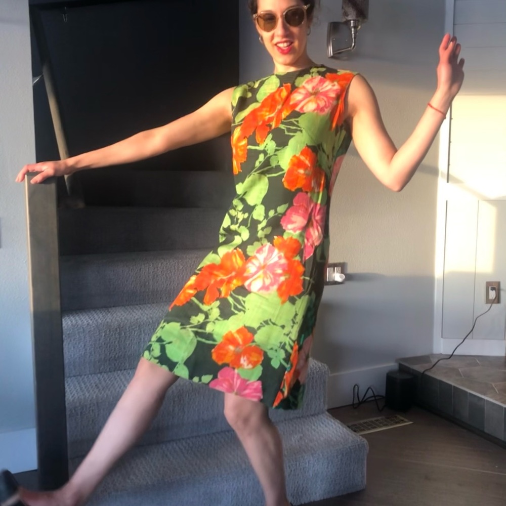 60’s Linen Vintage Technicolor Floral Sheath Dress